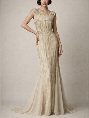 Aidan Mattox Champagne Beaded Art Deco Gown Size 12 Gatsby Inspired Dress